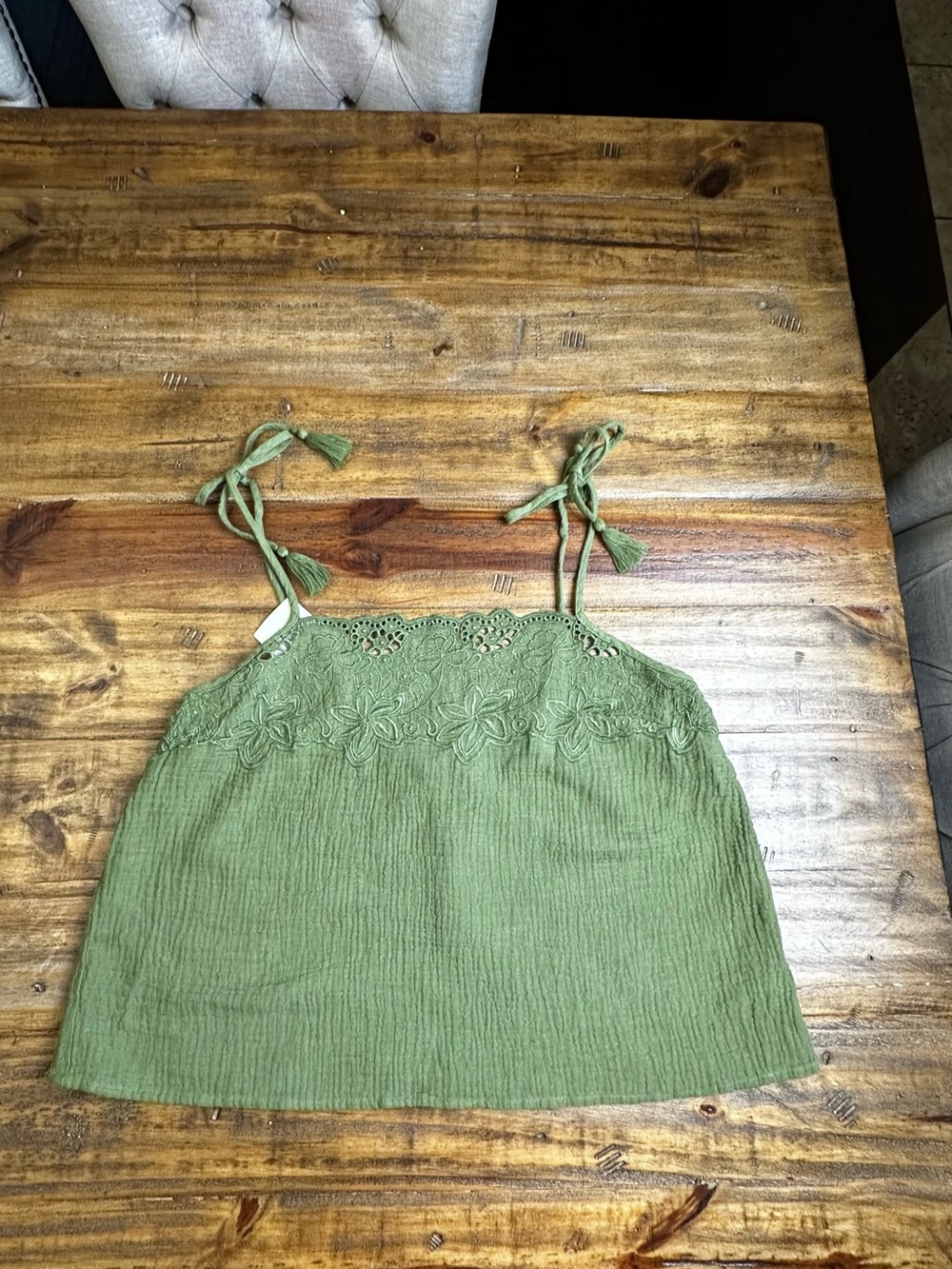 Universal Thread Olive Green Embroidered Tie-Strap Cami Top